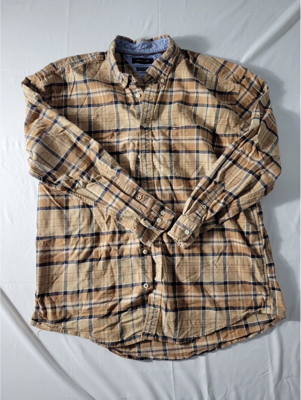 Tommy Hilfiger Men Button Up Shirt Beige Plaid Logo Long Sleeve Flannel XXL